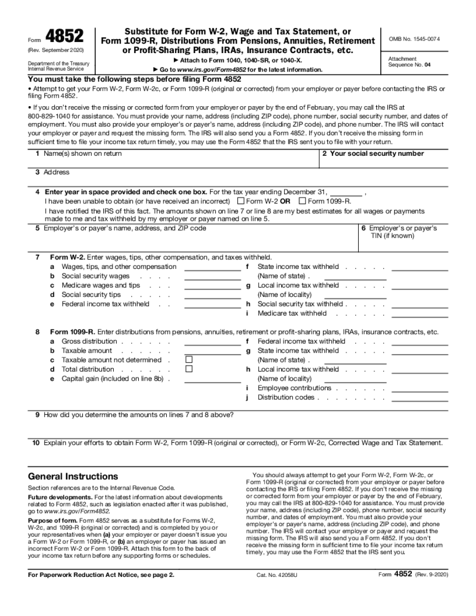 Form 4852 Rev September Substitute for Form W 2, Wage and Tax Statement, or Form 1099 R, Distributions from Pensions, Annuities, 2020-2025